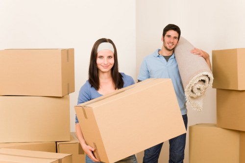 Packed moving boxes and furniture for a local removal service